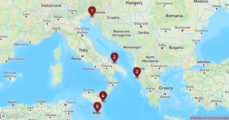 Kort over Middelhavet fra Trieste med Costa Deliziosa