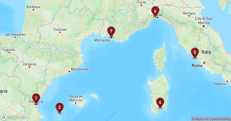 Kort over Middelhavet fra Valencia med MSC Musica