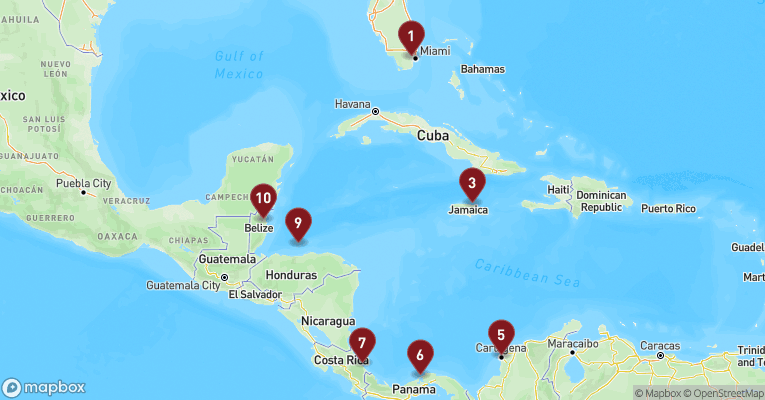 Kort over Caribien & Bahamas fra Miami med MSC Poesia
