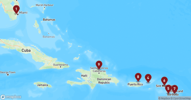 Kort over Caribien & Bahamas fra Miami med MSC Poesia