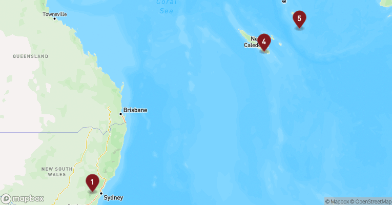 Kort over Australien & Oceanien fra Sydney med Carnival Adventure