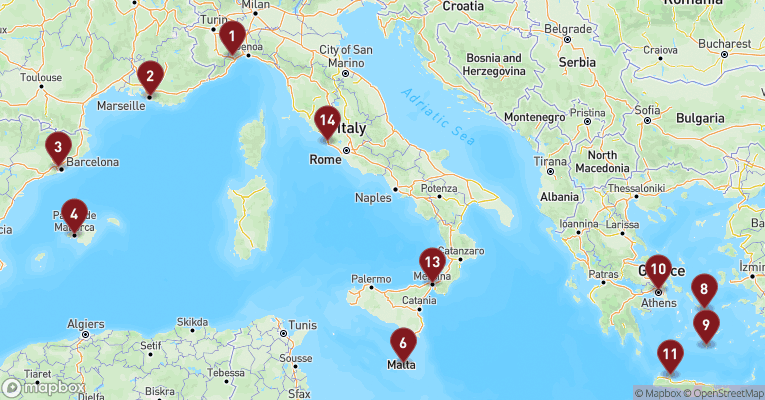Kort over Middelhavet fra Savona med Costa Fascinosa