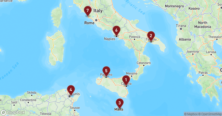 Kort over Middelhavet fra Catania - Sicilien med Costa Fascinosa