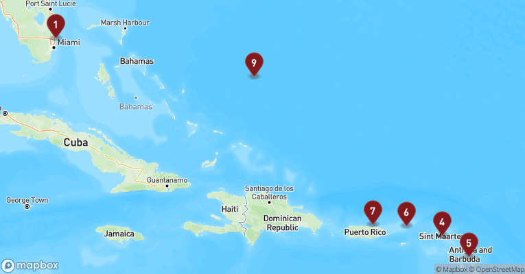 Kort over Caribien & Bahamas fra Fort Lauderdale med Nieuw Amsterdam