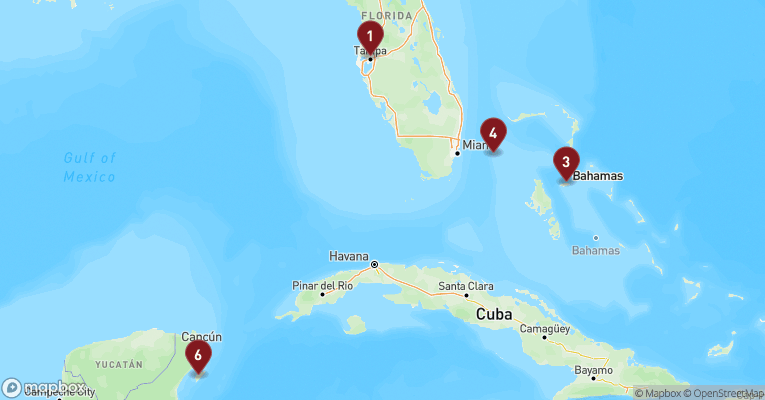 Kort over Caribien & Bahamas fra Tampa med Celebrity Summit