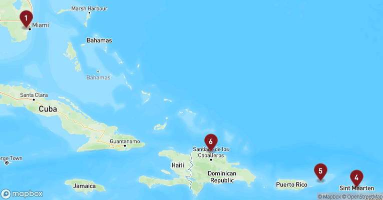 Kort over Caribien & Bahamas fra Miami med Celebrity Xcel