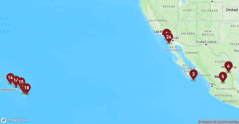 Kort over Californien & Mexico fra San Diego med Koningsdam