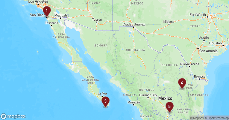 Kort over Californien & Mexico fra San Diego med Koningsdam