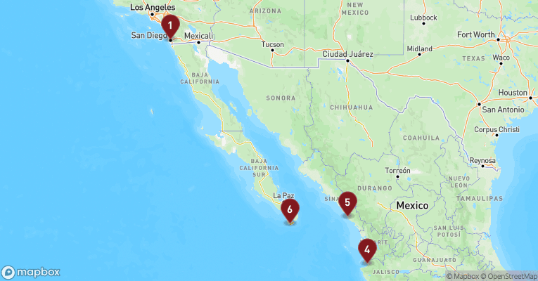 Kort over Californien & Mexico fra San Diego med Koningsdam