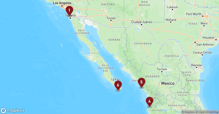 Kort over Californien & Mexico fra San Diego med Zaandam
