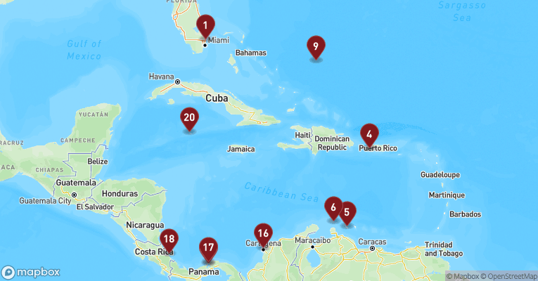 Kort over Caribien & Bahamas fra Fort Lauderdale med Nieuw Amsterdam