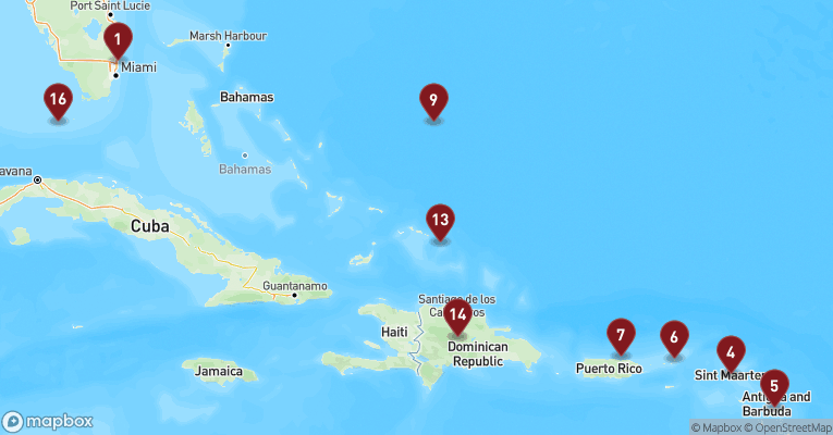 Kort over Caribien & Bahamas fra Fort Lauderdale med Nieuw Amsterdam