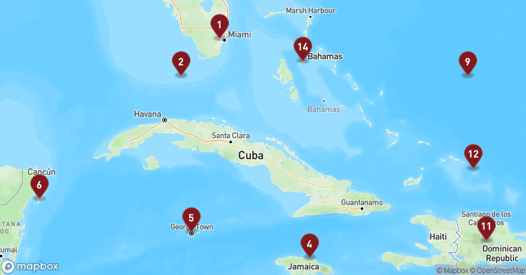 Kort over Caribien & Bahamas fra Miami med Zuiderdam