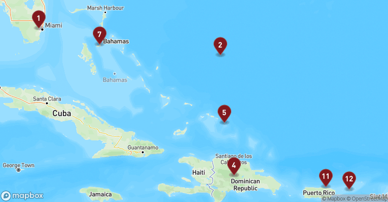 Kort over Caribien & Bahamas fra Miami med Zuiderdam