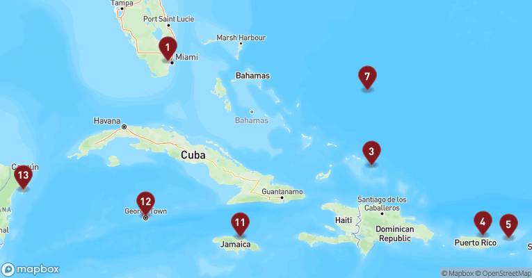Kort over Caribien & Bahamas fra Miami med Zuiderdam