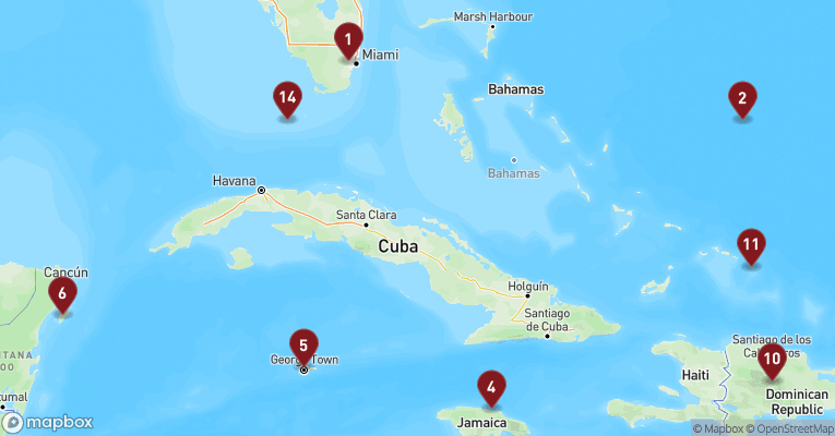 Kort over Caribien & Bahamas fra Miami med Zuiderdam