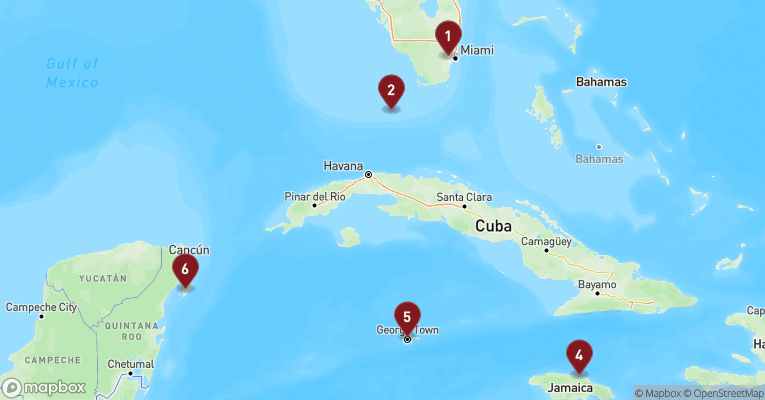 Kort over Caribien & Bahamas fra Miami med Zuiderdam