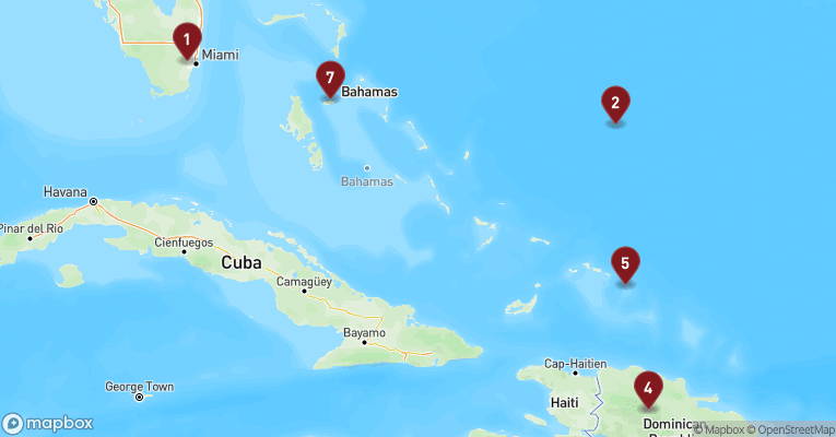 Kort over Caribien & Bahamas fra Miami med Zuiderdam