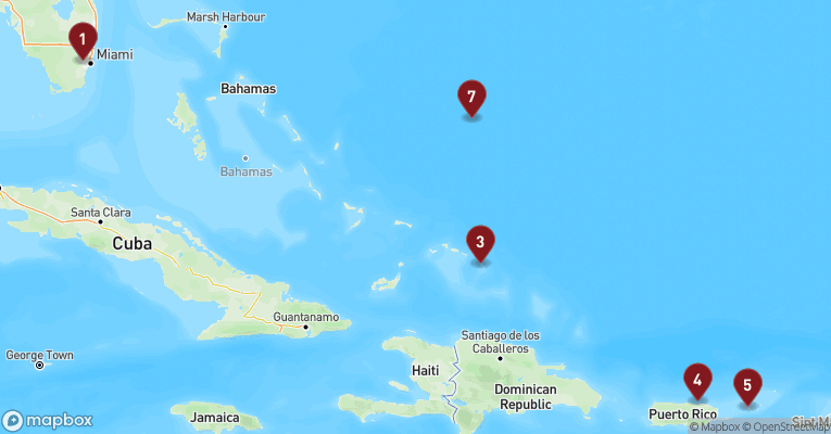 Kort over Caribien & Bahamas fra Miami med Zuiderdam