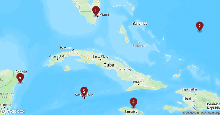Kort over Caribien & Bahamas fra Miami med Zuiderdam