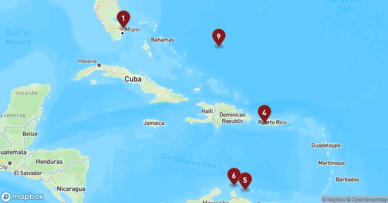 Kort over Caribien & Bahamas fra Fort Lauderdale med Nieuw Amsterdam
