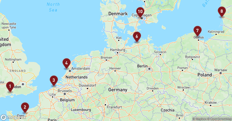Kort over Øvrige Nordeuropa fra Southampton med Norwegian Jewel