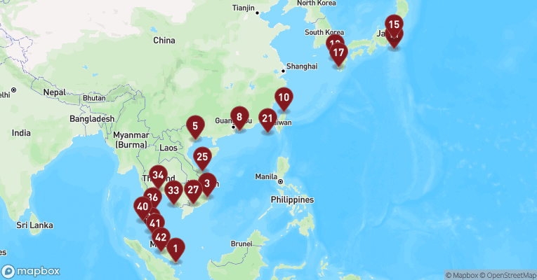 Kort over World Cruise fra Singapore med Sapphire Princess