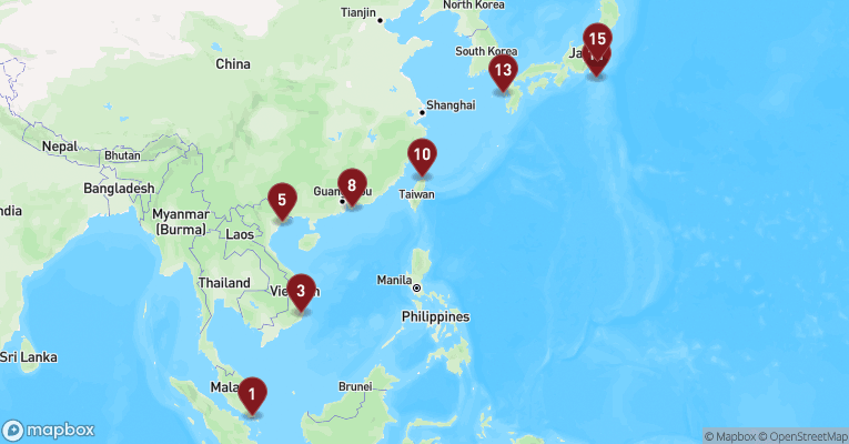 Kort over Asien & det Indiske Ocean fra Singapore med Sapphire Princess
