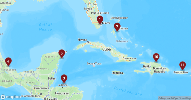 Kort over Caribien & Bahamas fra Miami med MSC World America