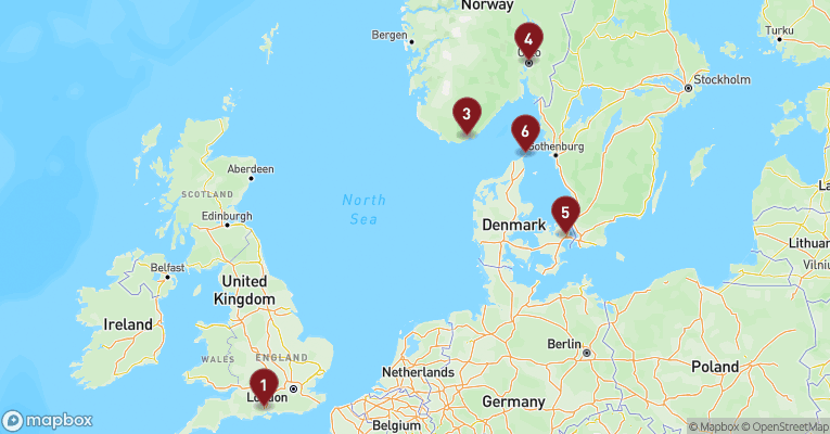 Kort over Norge fra Southampton med Sky Princess