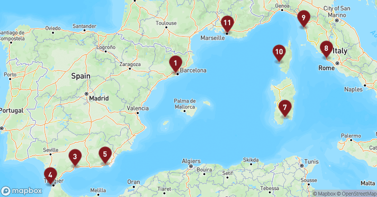 Kort over Middelhavet fra Barcelona med Oosterdam