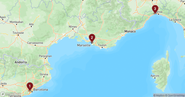 Kort over Middelhavet fra Barcelona med MSC Euribia