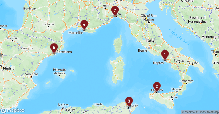 Kort over Middelhavet fra Napoli med MSC Euribia