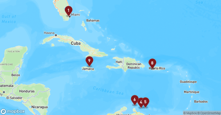 Kort over Caribien & Bahamas fra Miami med MSC Poesia