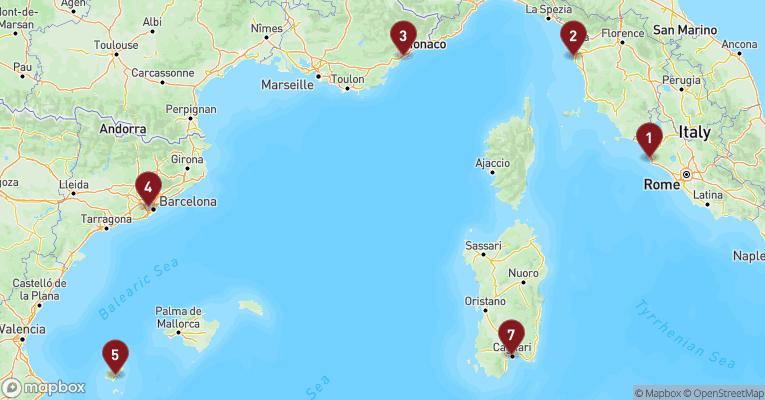 Kort over Middelhavet fra Civitavecchia - Rom med MSC Fantasia