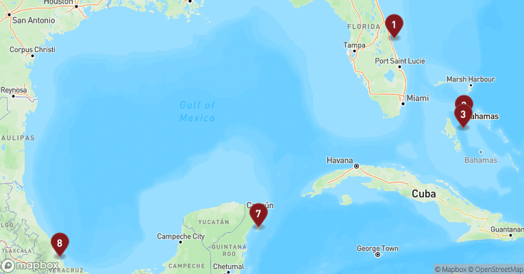 Kort over Caribien & Bahamas fra Port Canaveral med MSC Seashore