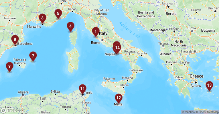 Kort over Middelhavet fra Civitavecchia - Rom med EXPLORA I