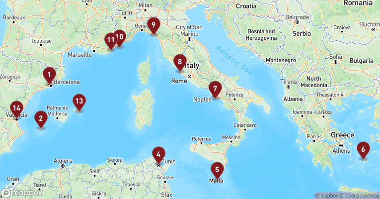 Kort over Middelhavet fra Barcelona med EXPLORA I