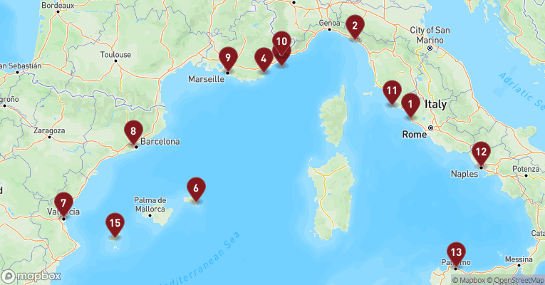 Kort over Middelhavet fra Civitavecchia - Rom med EXPLORA I
