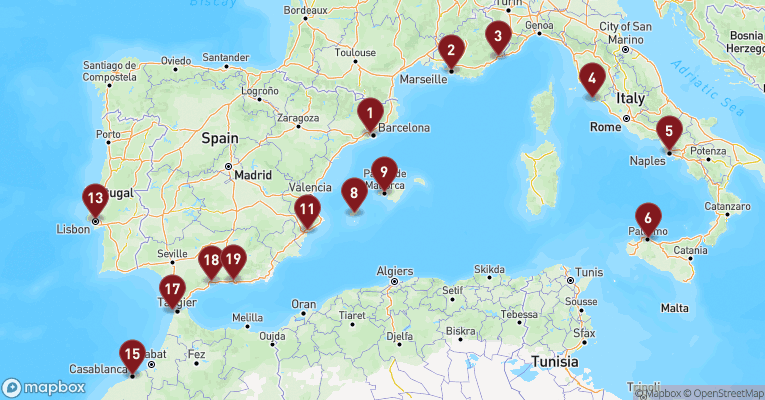 Kort over Middelhavet fra Barcelona med EXPLORA I
