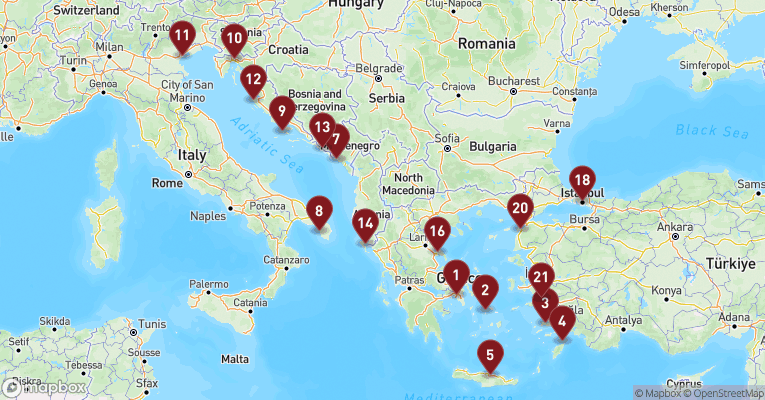 Kort over Middelhavet fra Athen med EXPLORA II