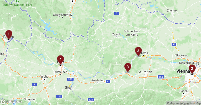 Kort over Donau fra Passau med A-ROSA BELLA