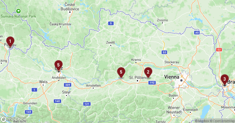 Kort over Donau fra Passau med A-ROSA FLORA