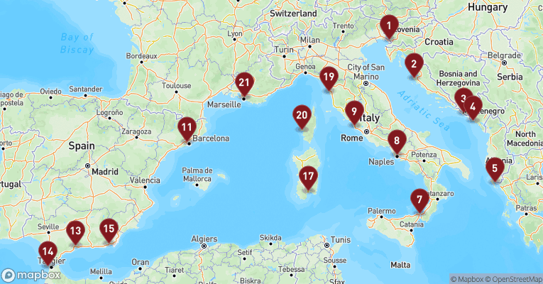Kort over Middelhavet fra Trieste med Oosterdam