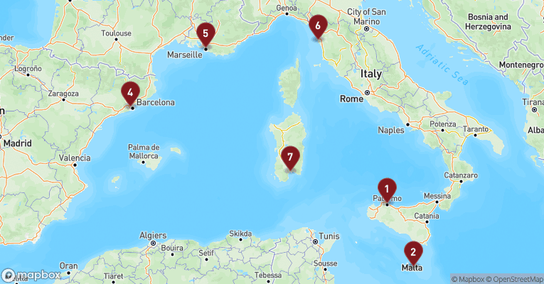 Kort over Middelhavet fra Palermo - Sicilien med MSC Splendida