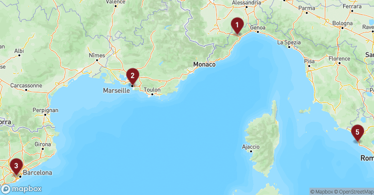 Kort over Middelhavet fra Savona med Costa Smeralda