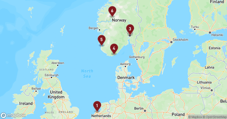 Kort over Norge fra Amsterdam med Zuiderdam