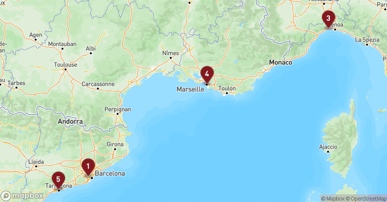 Kort over Middelhavet fra Barcelona med MSC Magnifica