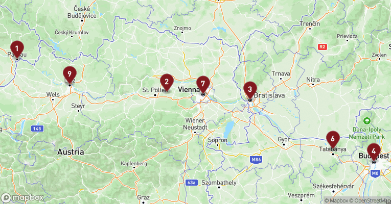 Kort over Donau fra Passau med A-ROSA FLORA