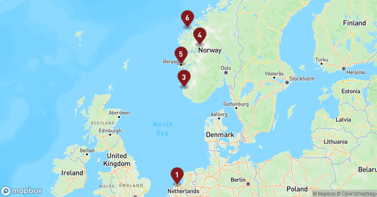 Kort over Norge fra Amsterdam med Celebrity Eclipse